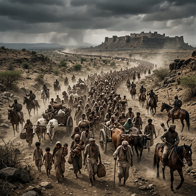Harrowing scene of thousands of medieval Indian citizens on a forced march through harsh semi-arid terrain — ragged people carrying bundles, soldiers on horseback herding the crowd, distant silhouette of Daulatabad fort on a mesa in the background, dramatic overcast sky