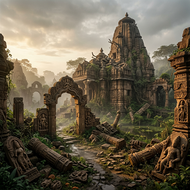 Haunting scene of a once-grand Hindu temple complex in ruins — broken ornate stone carvings, shattered pillars, partly demolished shikhara, overgrown with vegetation, misty melancholic atmosphere, representing the cultural heritage destroyed during Muhammad bin Tughlaq's reign