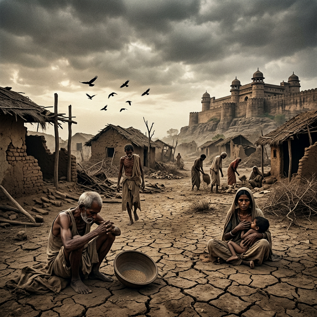 Devastating medieval Indian famine scene — emaciated citizens in desolate village, empty grain stores, cracked drought land, crows overhead, collapsed buildings, distant untouched fortified palace symbolizing economic collapse and famine under misguided Sultanate governance