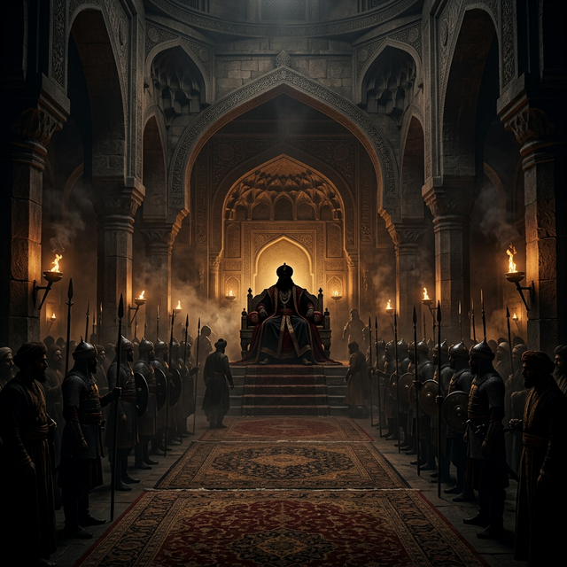 Dark atmospheric scene of the Delhi Sultanate court under Muhammad bin Tughlaq — a brooding throne room with massive stone pillars, oil lamps, silhouetted sultan on raised throne, Islamic arches and armed soldiers, representing the oppressive reign that devastated India
