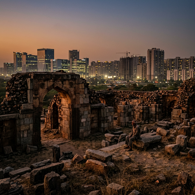 Ancient crumbling Delhi Sultanate-era ruins in India at dusk connecting to a modern Indian city skyline at night — a visual metaphor showing how Muhammad bin Tughlaq's medieval atrocities echo into modernity, with ruins of broken Islamic arches in the foreground