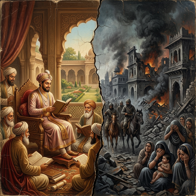 Dramatic split composition showing the contrast between the sanitized textbook portrayal of Muhammad bin Tughlaq as a visionary ruler, and the documented historical reality of mass executions, forced displacement, and economic collapse under his reign