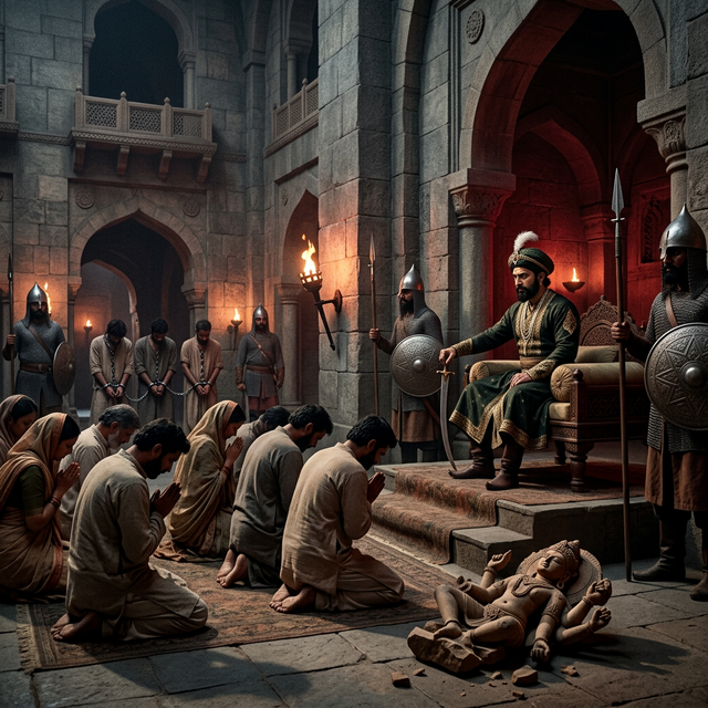 Dark dramatic medieval Indian scene showing religious oppression — Hindu subjects kneeling before a Sultanate ruler, soldiers with weapons, shackled prisoners, broken idol on the ground, torchlight casting harsh shadows