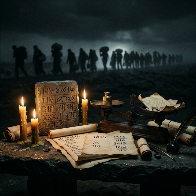 Ancient stone tablets with carved numerals, scrolls with lists, measuring scales tipped heavily, arranged on dark stone by candlelight, ghostly silhouettes of displaced people in background — representing the quantification of human tragedy under Muhammad bin Tughlaq