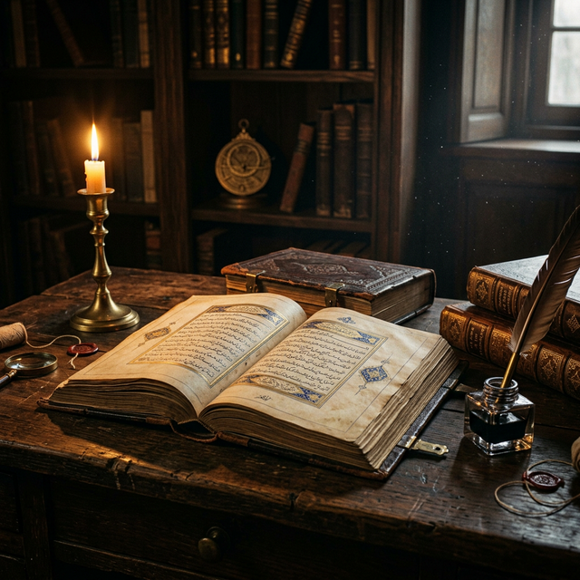 Ancient Persian manuscripts and leather-bound chronicles illuminated by candlelight on a dark wooden desk — Persian calligraphy on yellowed pages, inkwell and quill nearby, representing the primary sources documenting Muhammad bin Tughlaq's reign