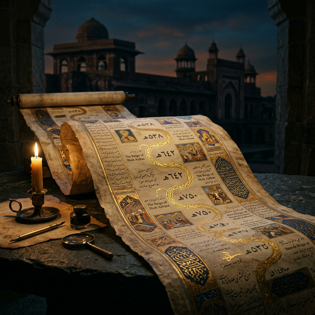 Ancient Persian scroll unfurling across dark stone — representing the chronological timeline of Muhammad bin Tughlaq's reign, with dates and events marked in gold on a dark atmospheric background