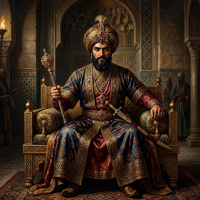 Historical portrait of Muhammad bin Tughlaq, Sultan of the Delhi Sultanate (1325–1351 CE) — depicted in period-authentic Sultanate attire with turban and robe, seated on a throne with Islamic geometric architecture in the background, oil painting style. Known as the most brilliant and most cruel of all Delhi Sultans.